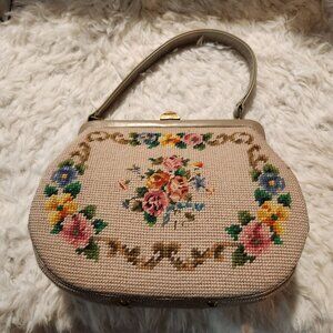 Vintage Needlepoint 7 Petit Point Floral Handbag MCM Cottage Beige Pink & Blue F